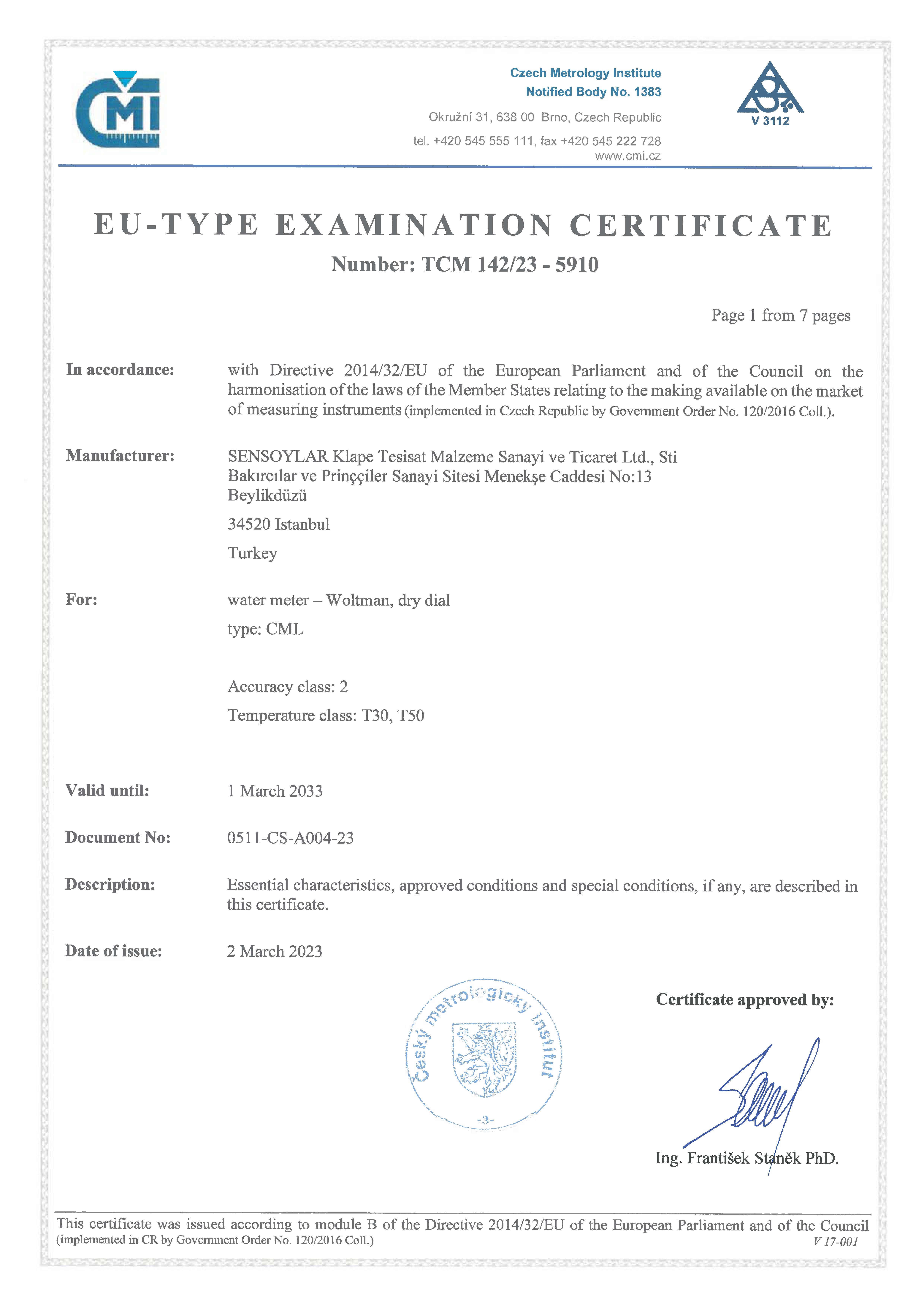 CML SERİSİ AB TİP İNCELEME SERTİFİKASI