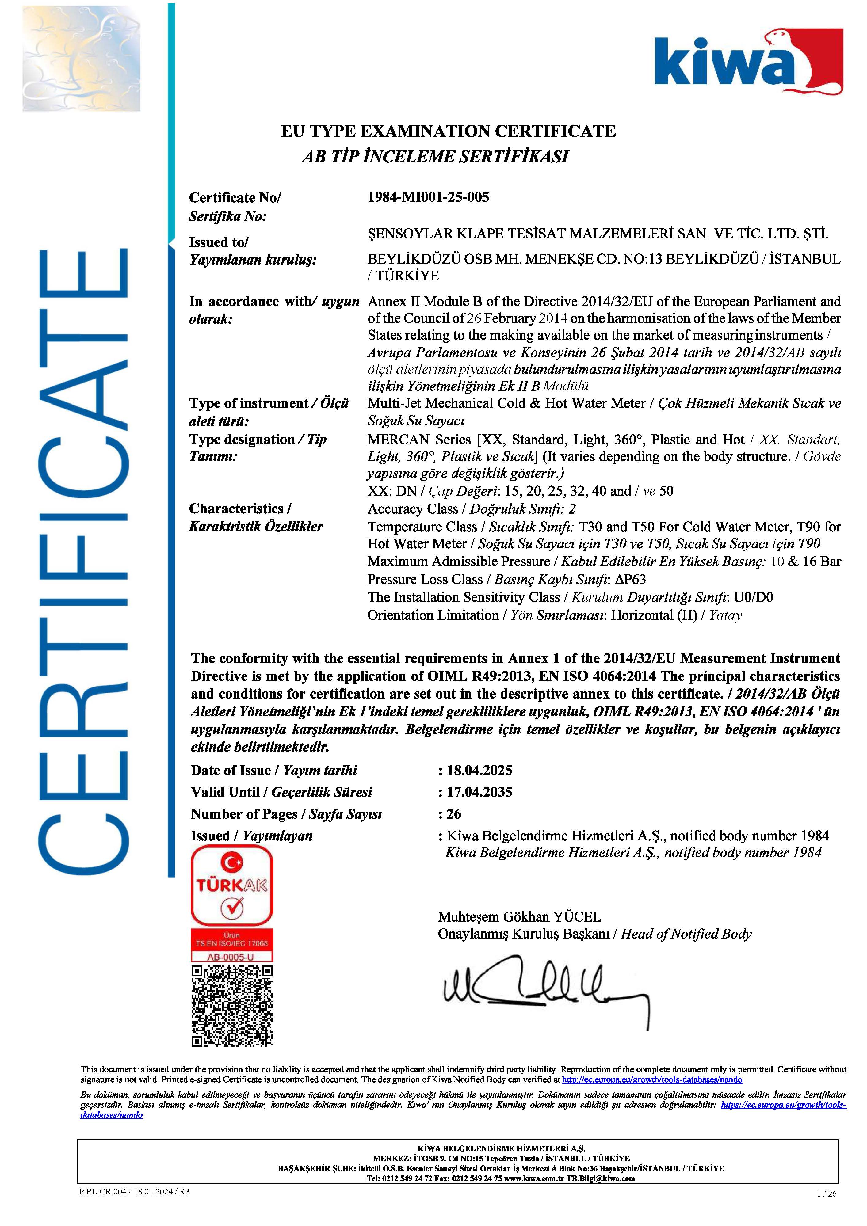 MERCAN SERİSİ AB TİP İNCELEME SERTİFİKASI